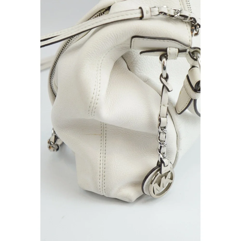 Michael Kors Shoulder Bag White Hobo Tote Pebbled Leather Silver Hardware Good